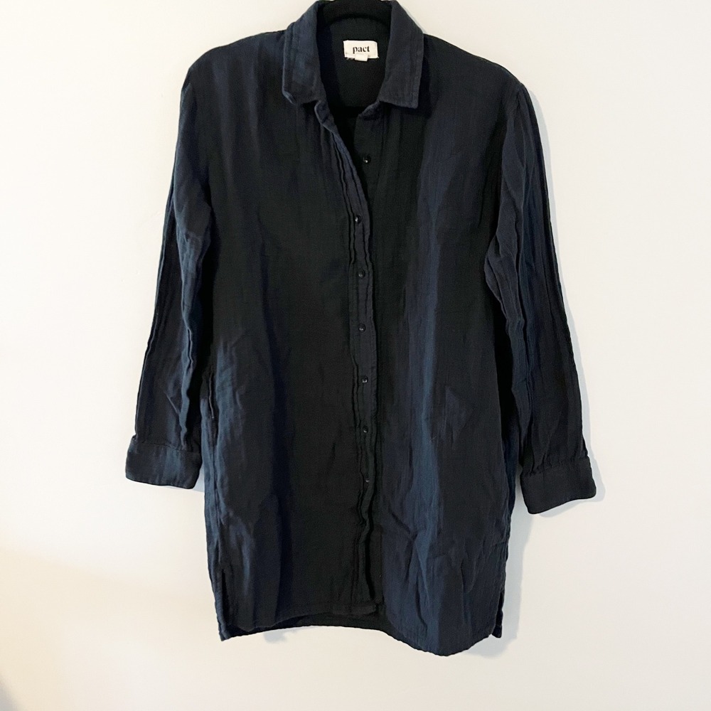 Pact Organic Cotton Gauze Tunic Shirt Swim Coverup Black XS/S Button Down